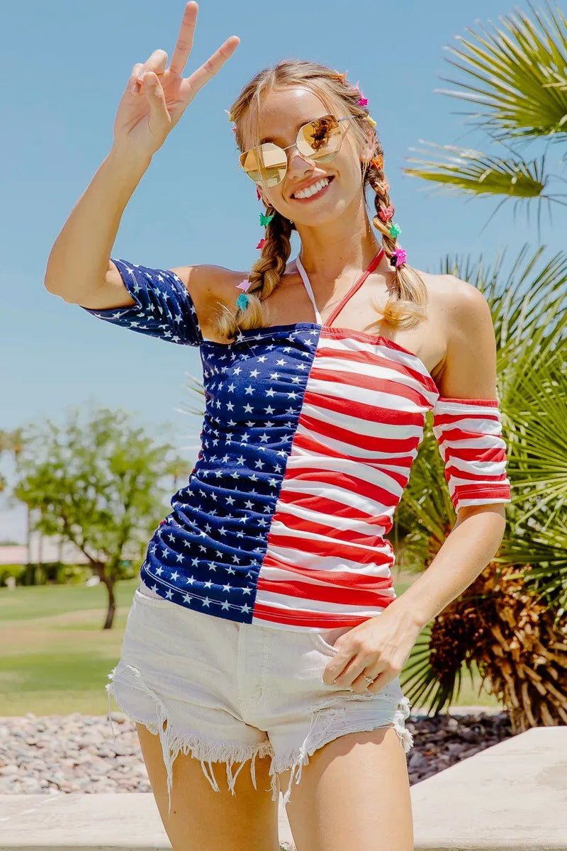 BiBi American Flag Off Shoulder With Front Ruched Top - Roaming Gypsy Boutique