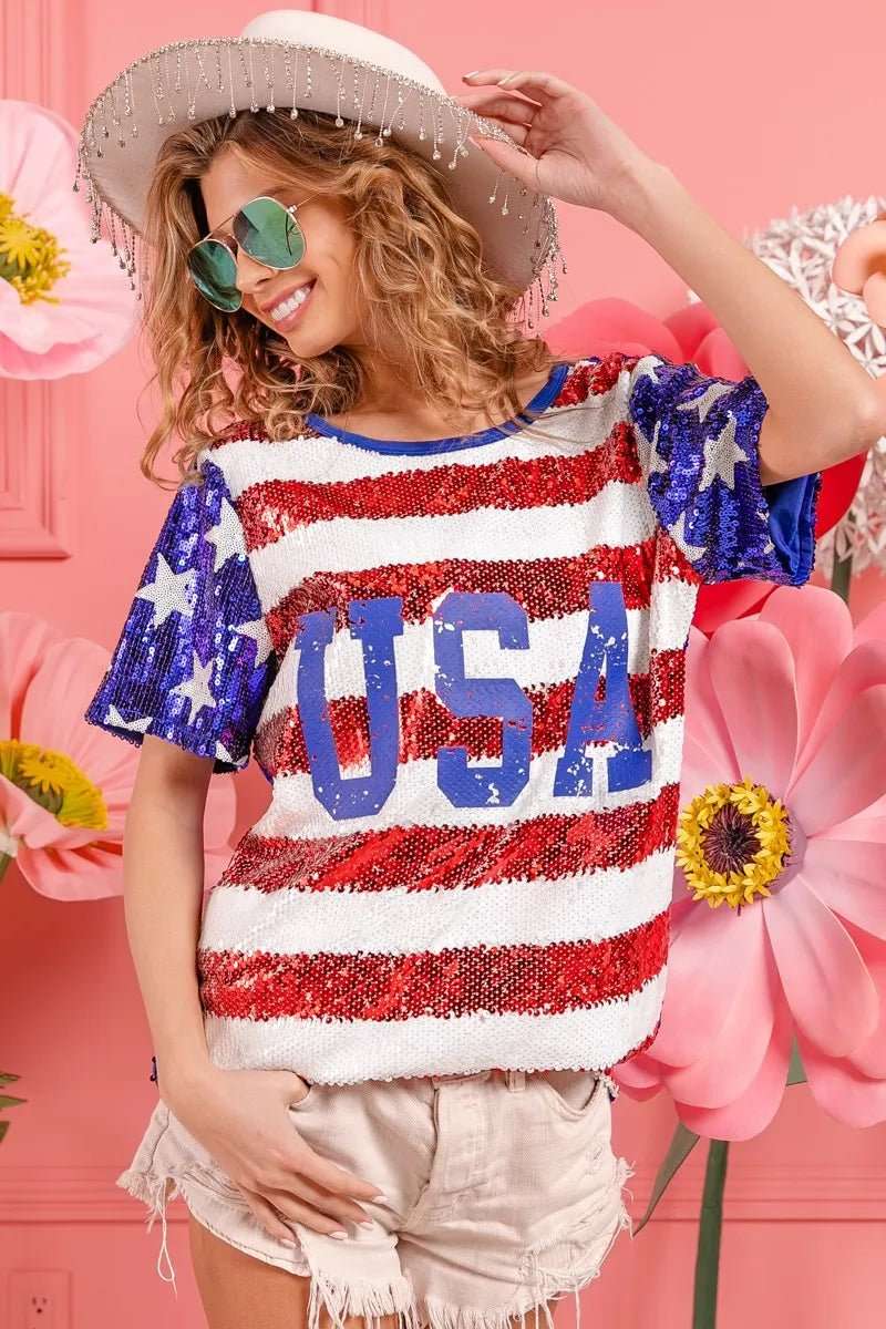BiBi American Flag Theme USA Lettering Sequin Top - Roaming Gypsy Boutique