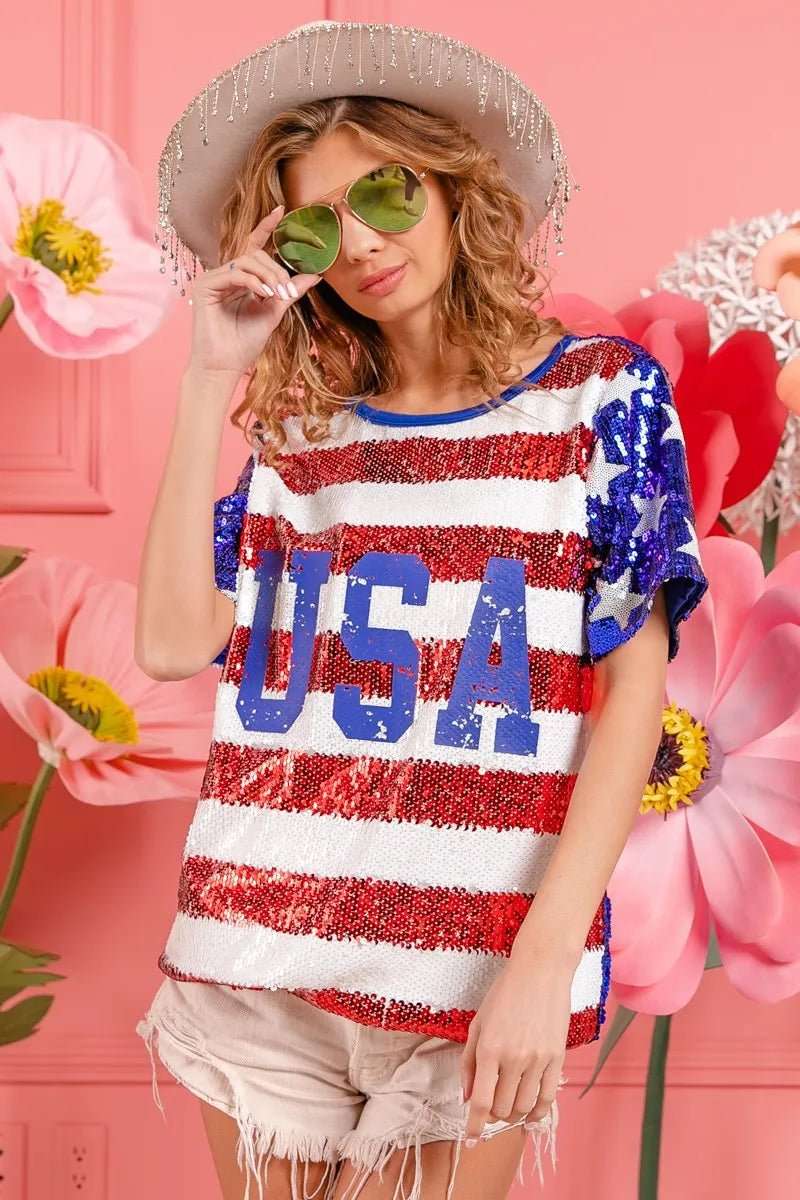 BiBi American Flag Theme USA Lettering Sequin Top - Roaming Gypsy Boutique