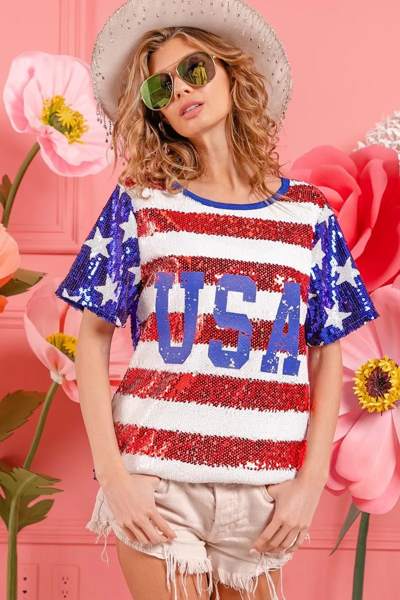 BiBi American Flag Theme USA Lettering Sequin Top - Roaming Gypsy Boutique
