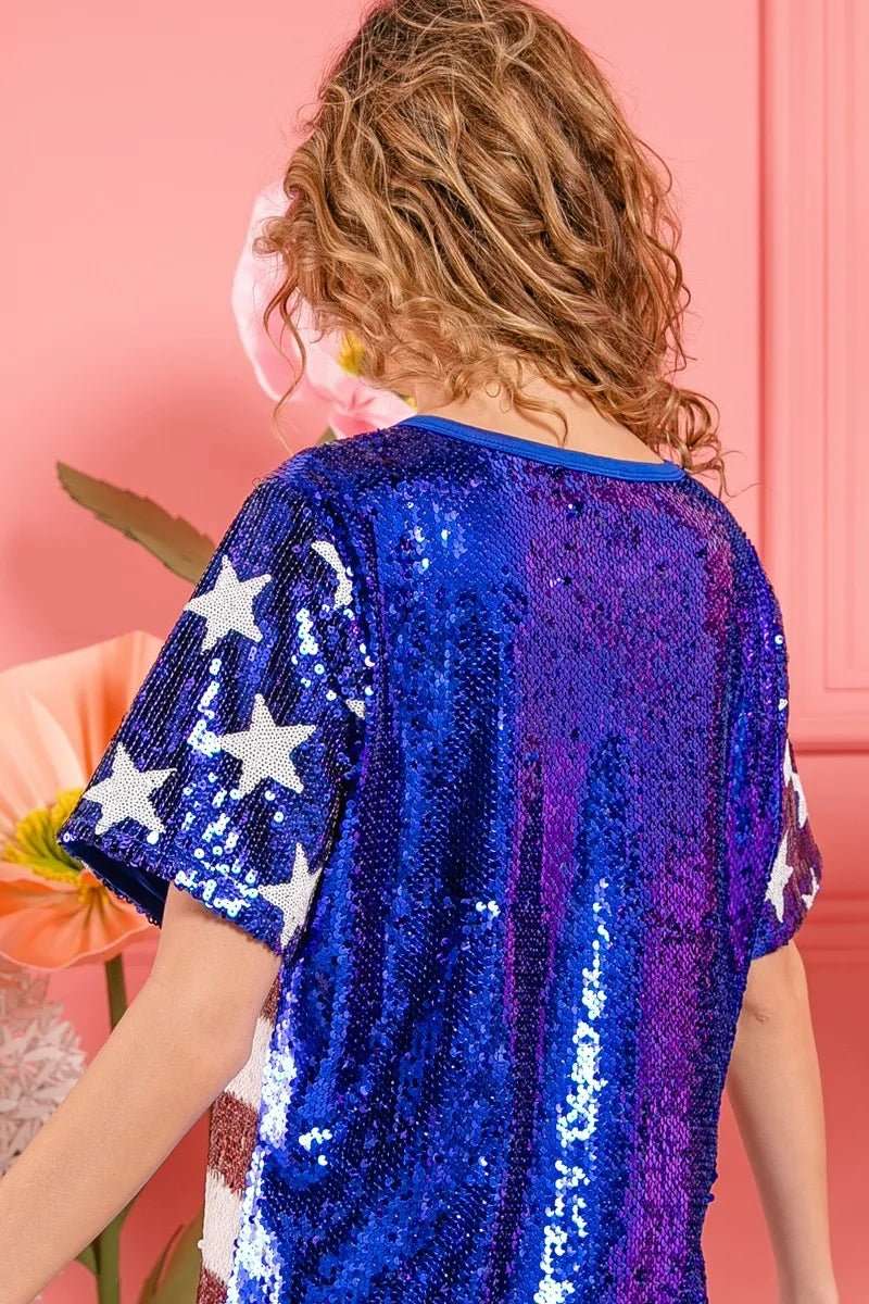 BiBi American Flag Theme USA Lettering Sequin Top - Roaming Gypsy Boutique