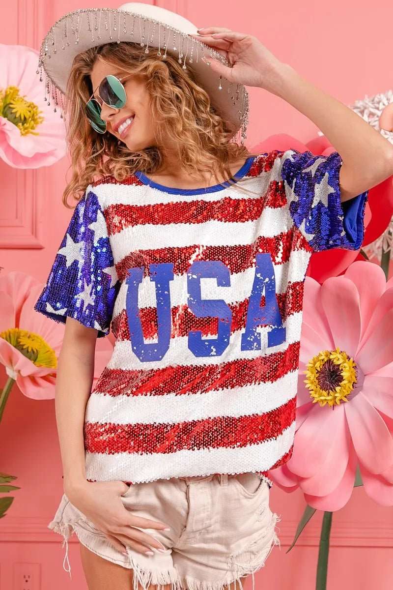 BiBi American Flag Theme USA Lettering Sequin Top - Roaming Gypsy Boutique
