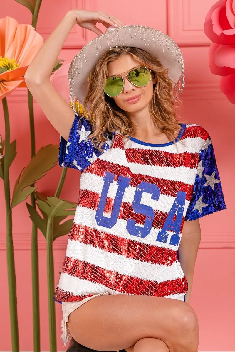 BiBi American Flag Theme USA Lettering Sequin Top - Roaming Gypsy Boutique