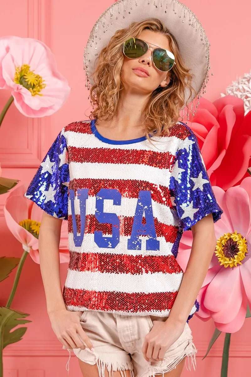 BiBi American Flag Theme USA Lettering Sequin Top - Roaming Gypsy Boutique