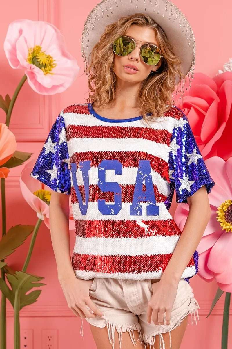 BiBi American Flag Theme USA Lettering Sequin Top - Roaming Gypsy Boutique