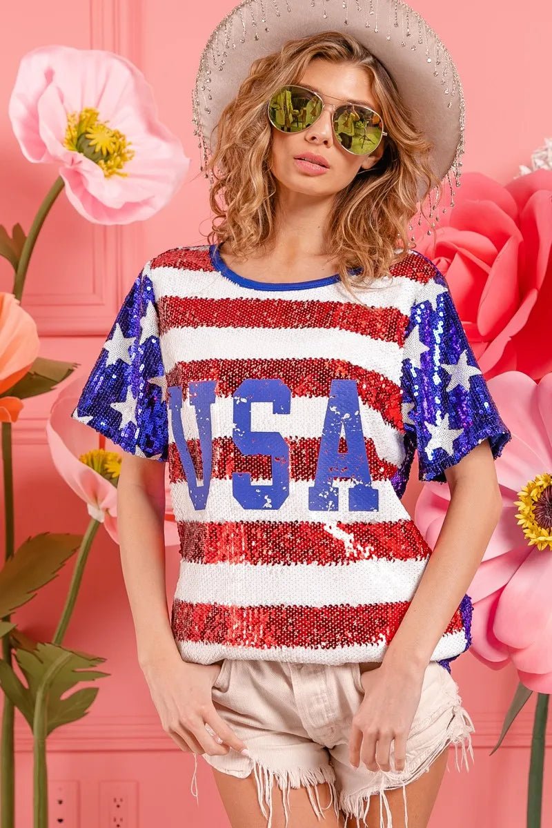 BiBi American Flag Theme USA Lettering Sequin Top - Roaming Gypsy Boutique