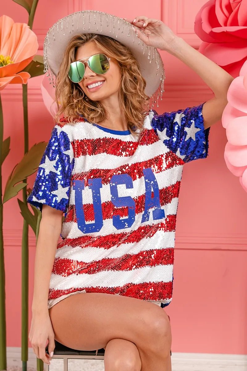 BiBi American Flag Theme USA Lettering Sequin Top - Roaming Gypsy Boutique