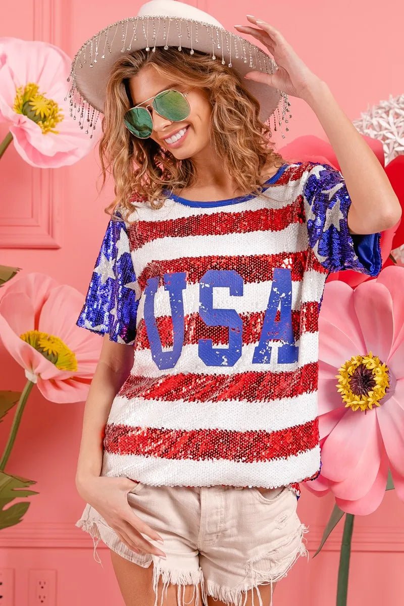 BiBi American Flag Theme USA Lettering Sequin Top - Roaming Gypsy Boutique