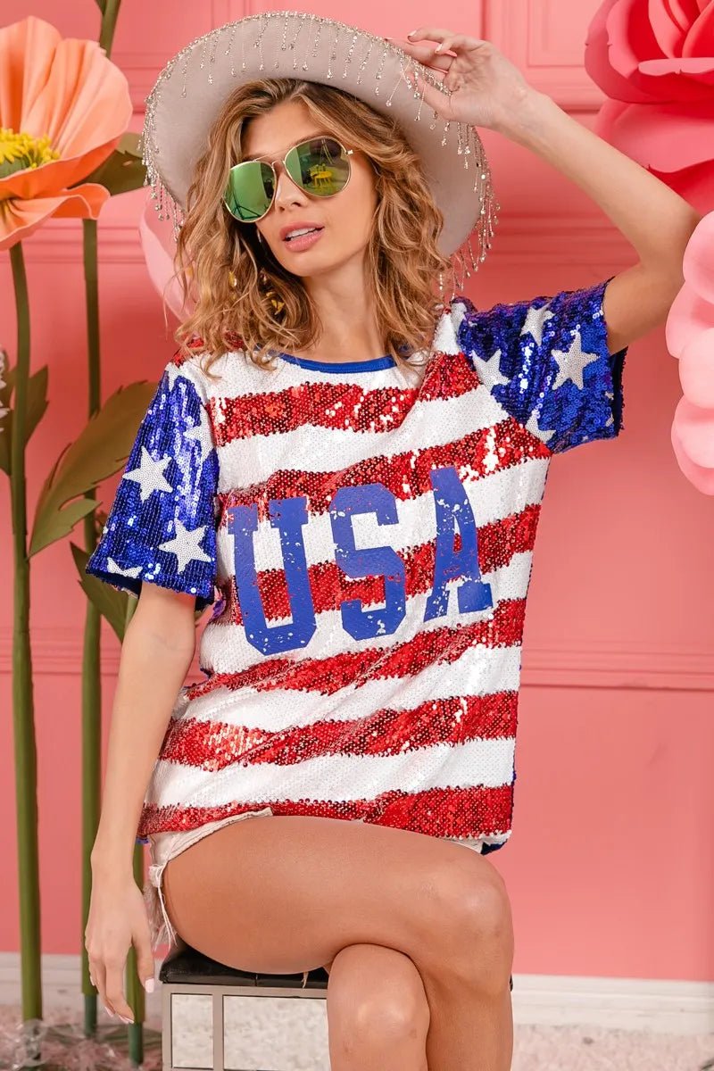 BiBi American Flag Theme USA Lettering Sequin Top - Roaming Gypsy Boutique