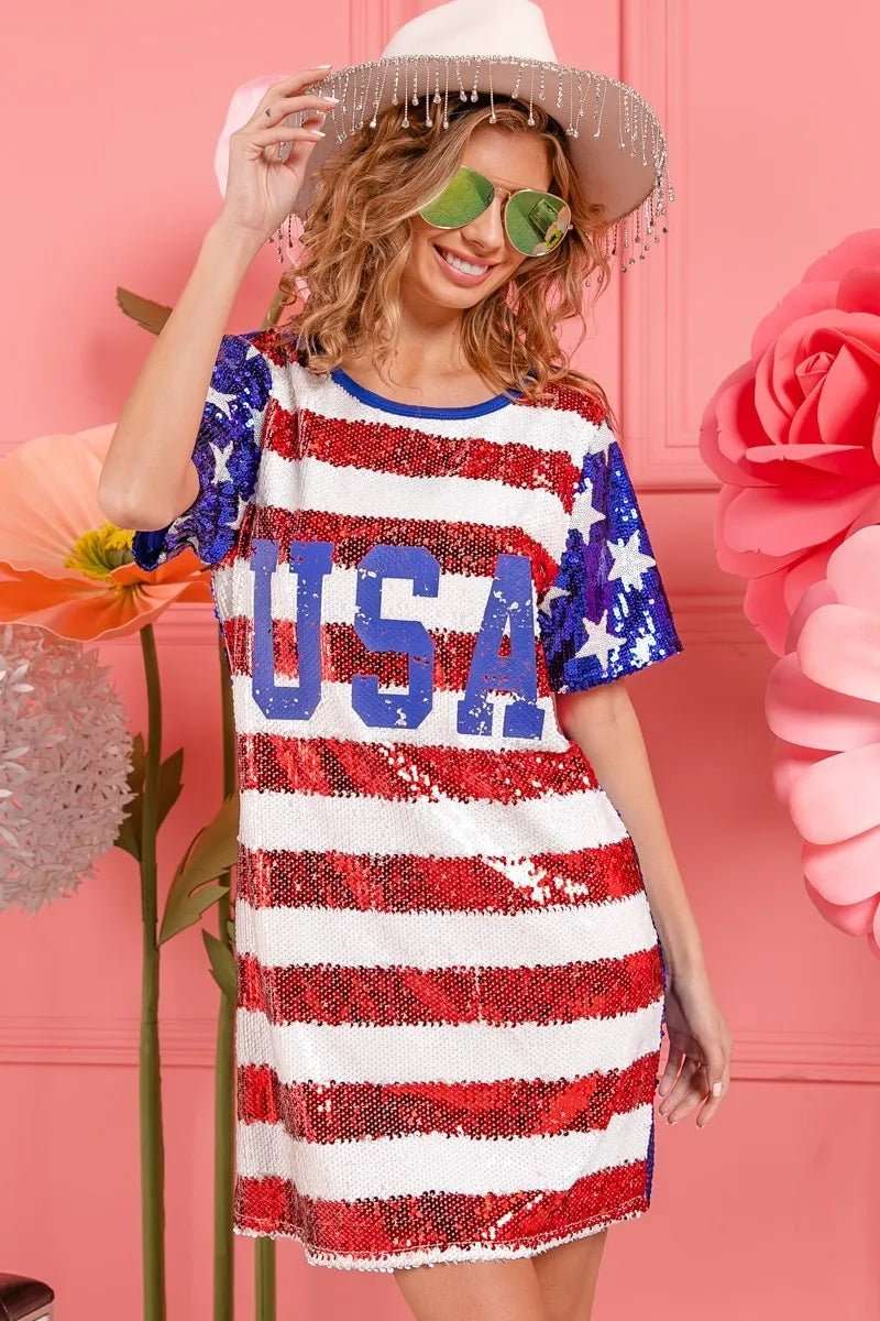 BiBi American Flag Theme Usa Print Sequin Dress - Roaming Gypsy Boutique