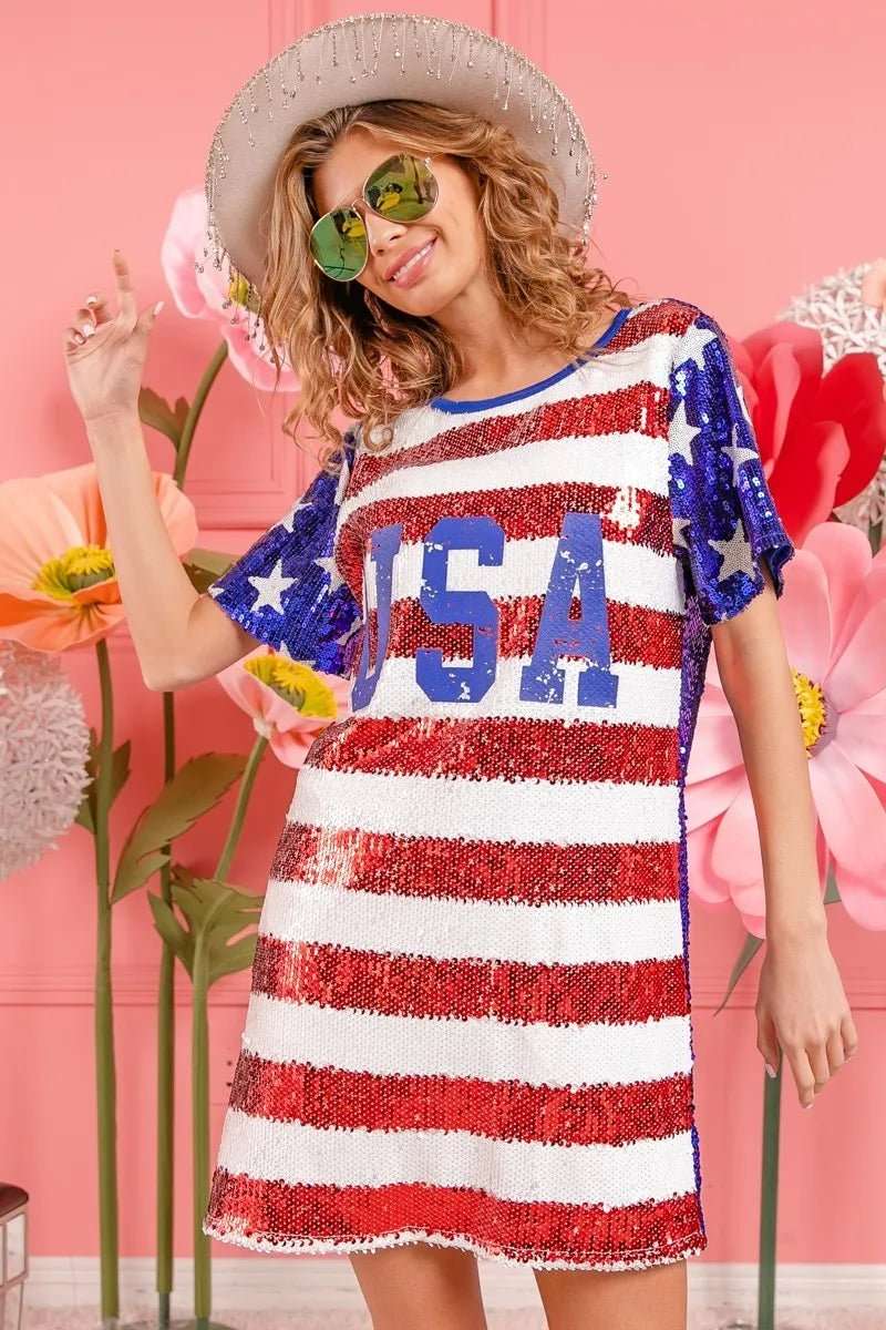 BiBi American Flag Theme Usa Print Sequin Dress - Roaming Gypsy Boutique