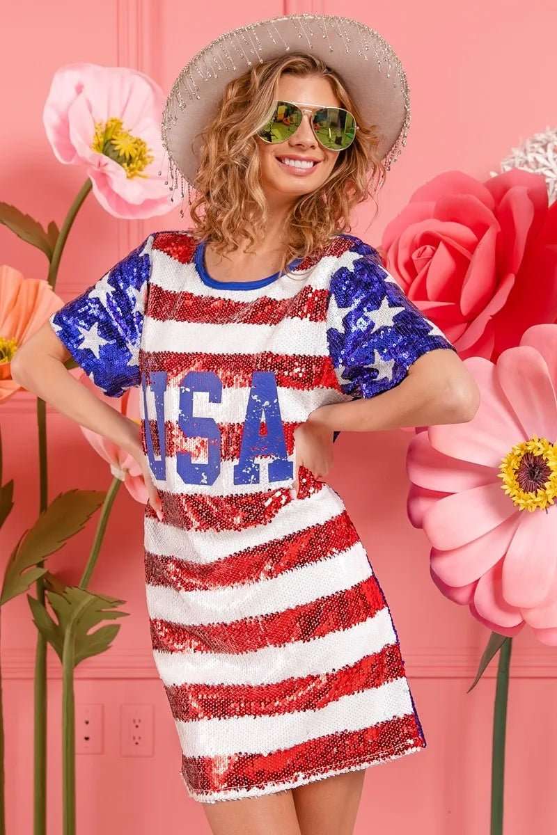 BiBi American Flag Theme Usa Print Sequin Dress - Roaming Gypsy Boutique