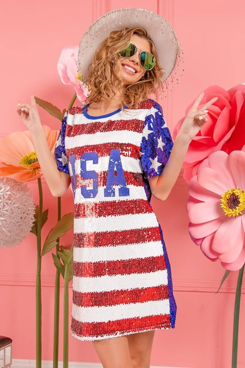 BiBi American Flag Theme Usa Print Sequin Dress - Roaming Gypsy Boutique