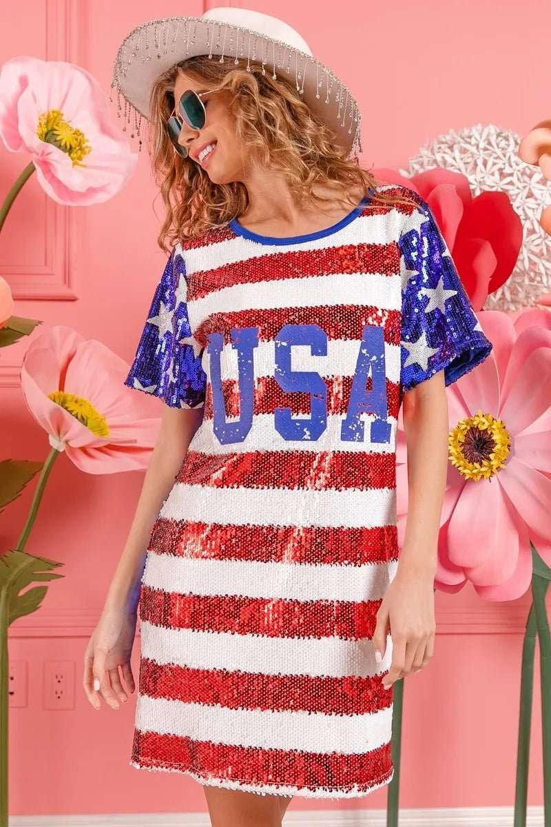 BiBi American Flag Theme Usa Print Sequin Dress - Roaming Gypsy Boutique