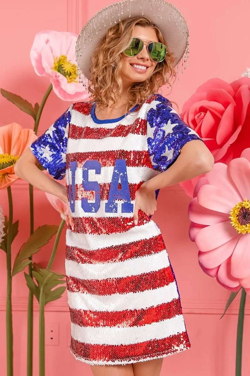 BiBi American Flag Theme Usa Print Sequin Dress - Roaming Gypsy Boutique