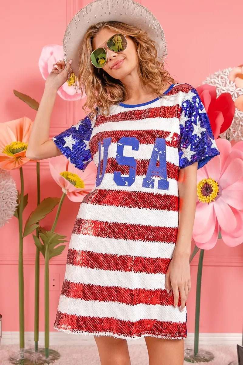 BiBi American Flag Theme Usa Print Sequin Dress - Roaming Gypsy Boutique
