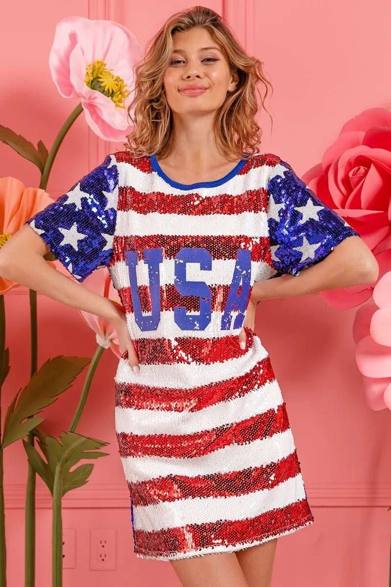 BiBi American Flag Theme Usa Print Sequin Dress - Roaming Gypsy Boutique