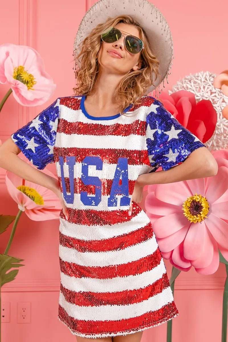 BiBi American Flag Theme Usa Print Sequin Dress - Roaming Gypsy Boutique