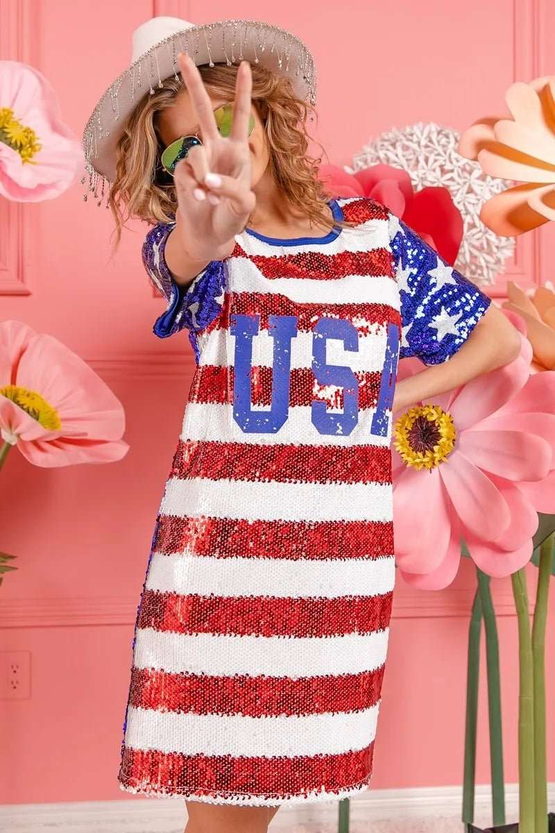 BiBi American Flag Theme Usa Print Sequin Dress - Roaming Gypsy Boutique