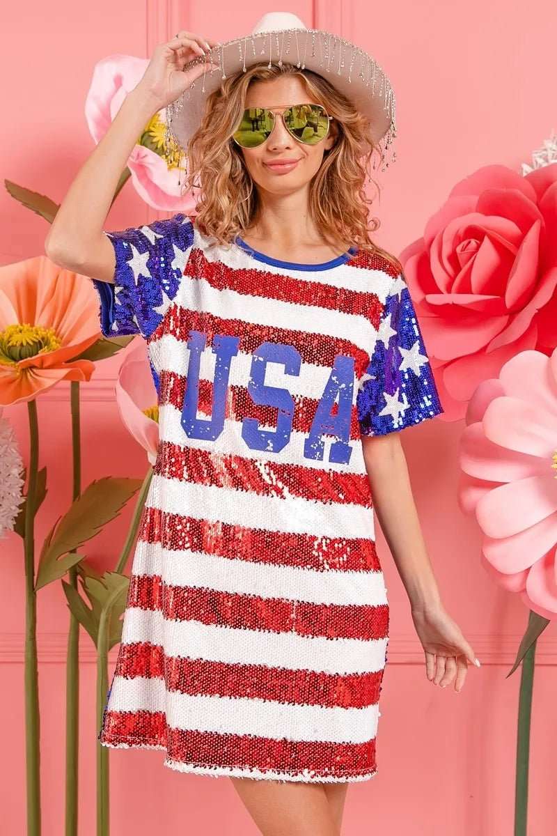 BiBi American Flag Theme Usa Print Sequin Dress - Roaming Gypsy Boutique