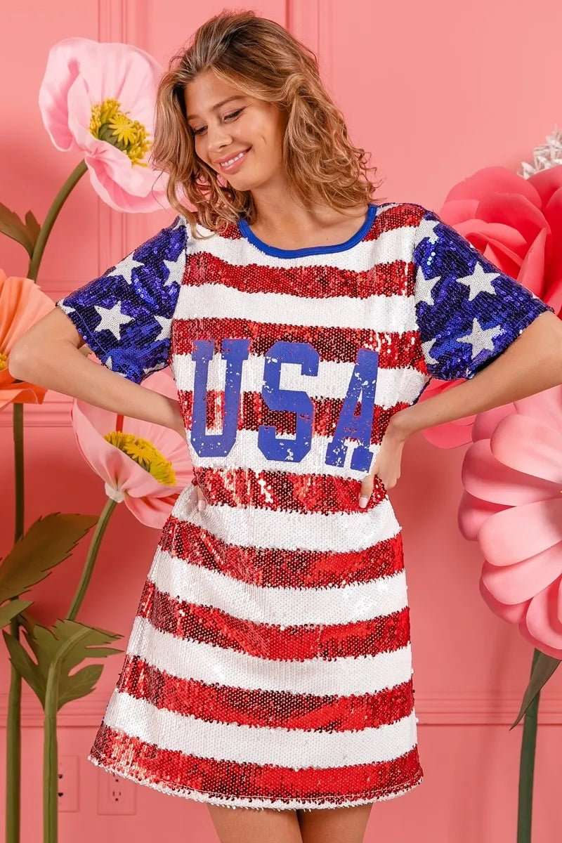 BiBi American Flag Theme Usa Print Sequin Dress - Roaming Gypsy Boutique