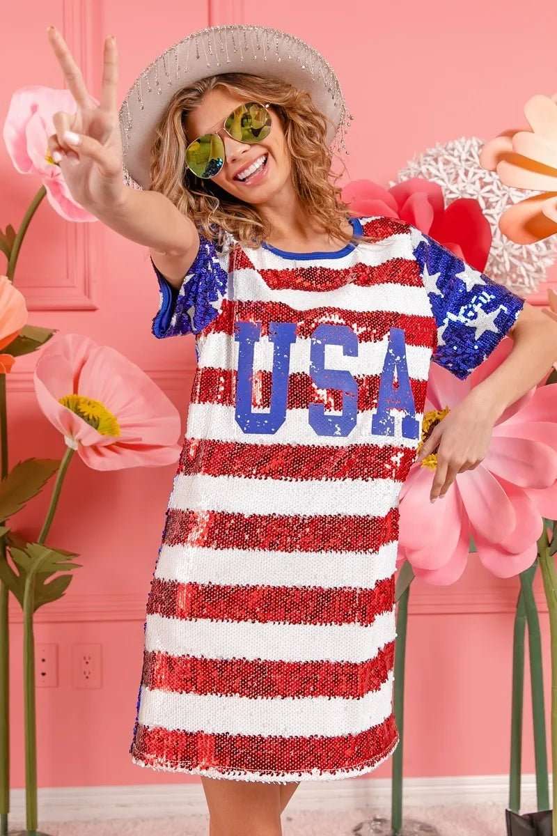 BiBi American Flag Theme Usa Print Sequin Dress - Roaming Gypsy Boutique