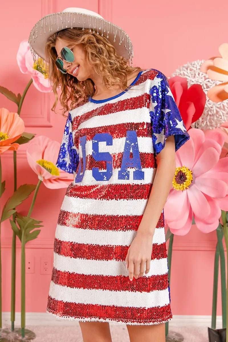 BiBi American Flag Theme Usa Print Sequin Dress - Roaming Gypsy Boutique