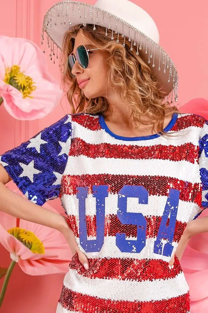 BiBi American Flag Theme Usa Print Sequin Dress - Roaming Gypsy Boutique