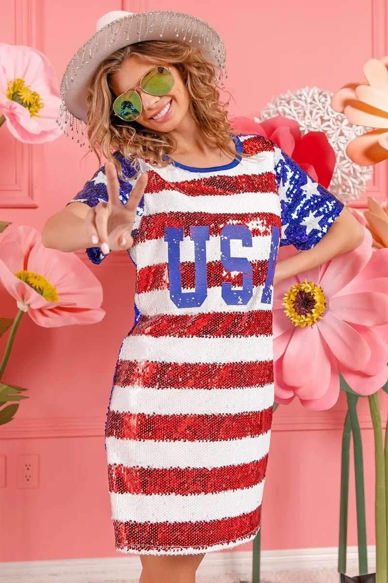 BiBi American Flag Theme Usa Print Sequin Dress - Roaming Gypsy Boutique