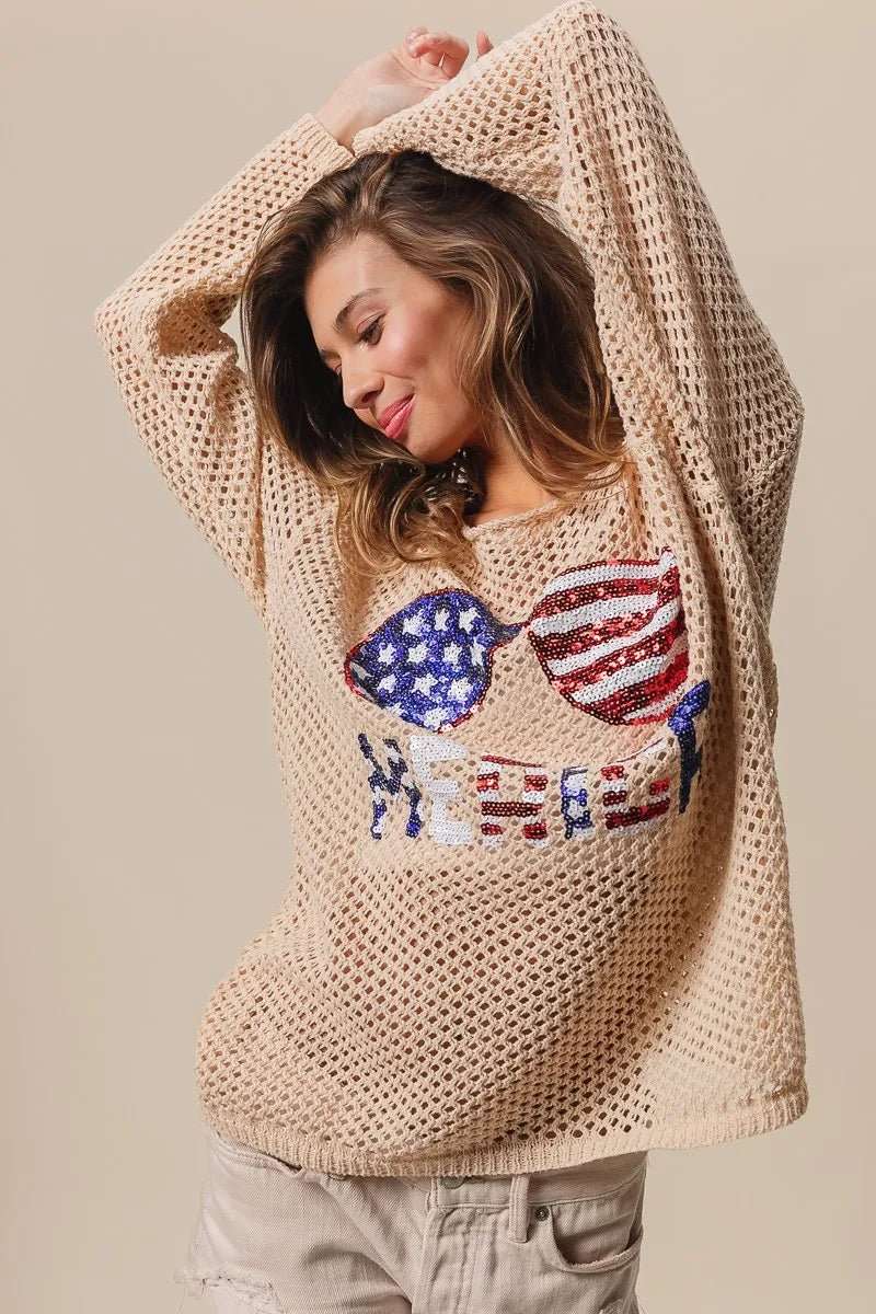 BiBi Sequin American Flag Sunglasses Knit - Roaming Gypsy Boutique