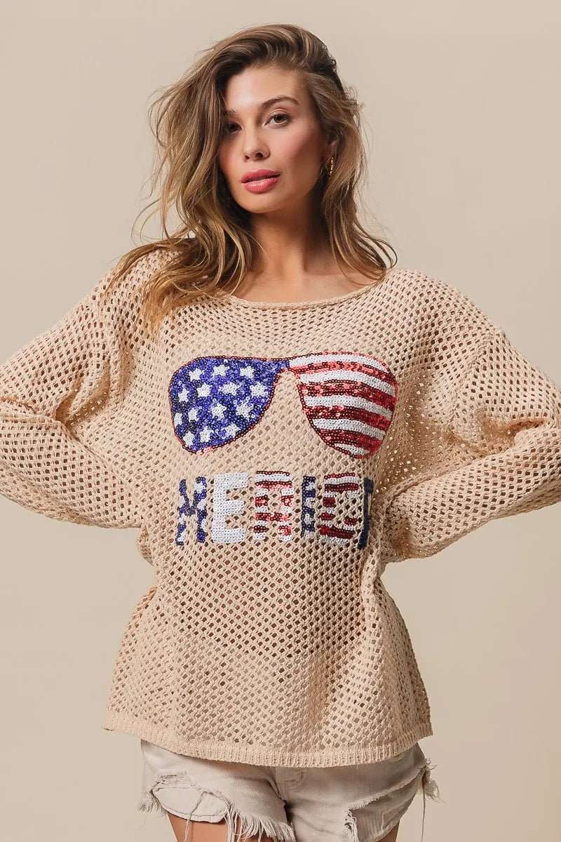 BiBi Sequin American Flag Sunglasses Knit - Roaming Gypsy Boutique