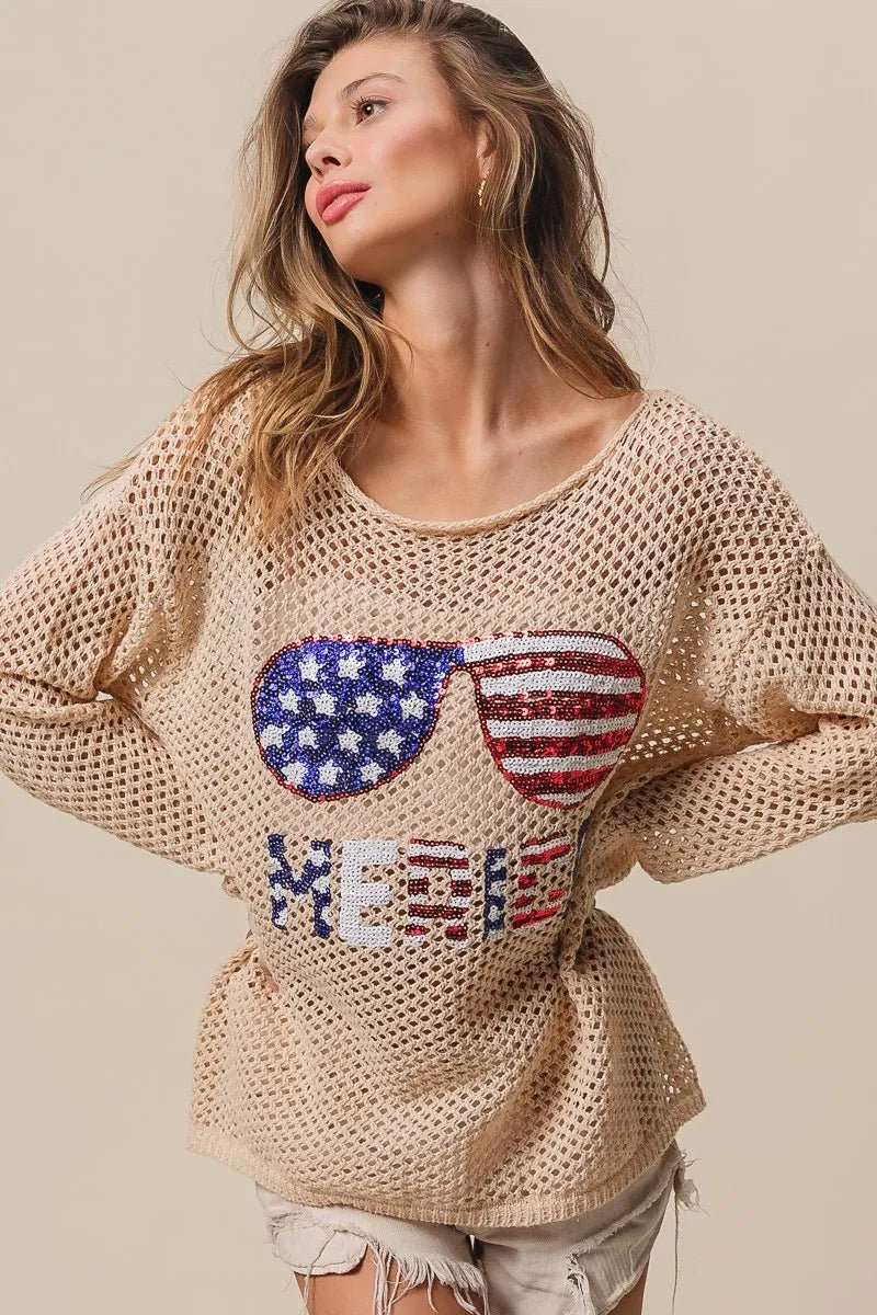 BiBi Sequin American Flag Sunglasses Knit - Roaming Gypsy Boutique