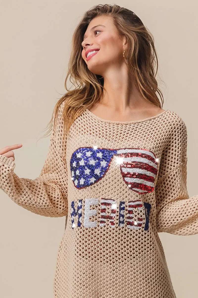 BiBi Sequin American Flag Sunglasses Knit - Roaming Gypsy Boutique