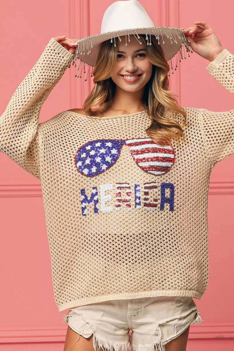 BiBi Sequin American Flag Sunglasses Knit - Roaming Gypsy Boutique