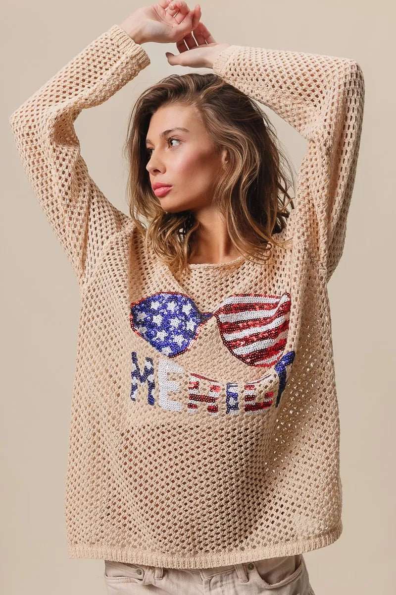 BiBi Sequin American Flag Sunglasses Knit - Roaming Gypsy Boutique
