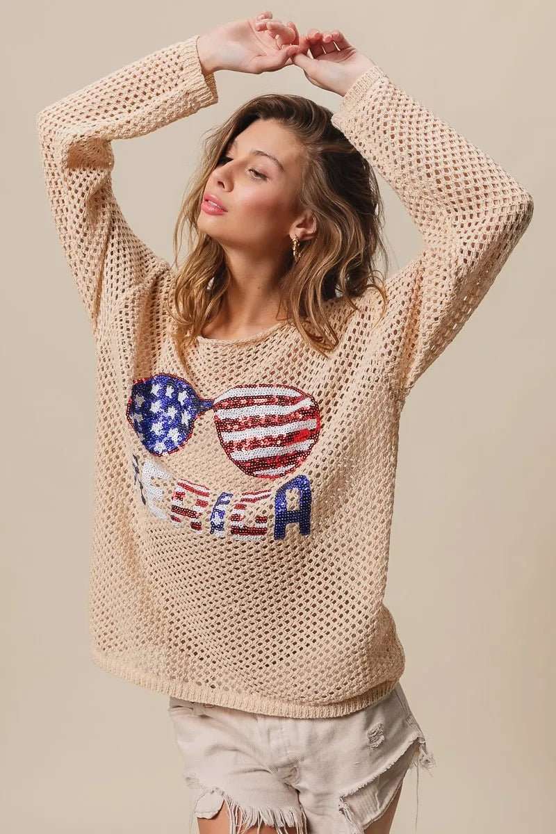 BiBi Sequin American Flag Sunglasses Knit - Roaming Gypsy Boutique