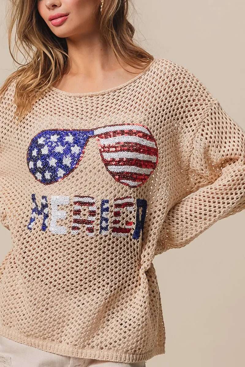 BiBi Sequin American Flag Sunglasses Knit - Roaming Gypsy Boutique