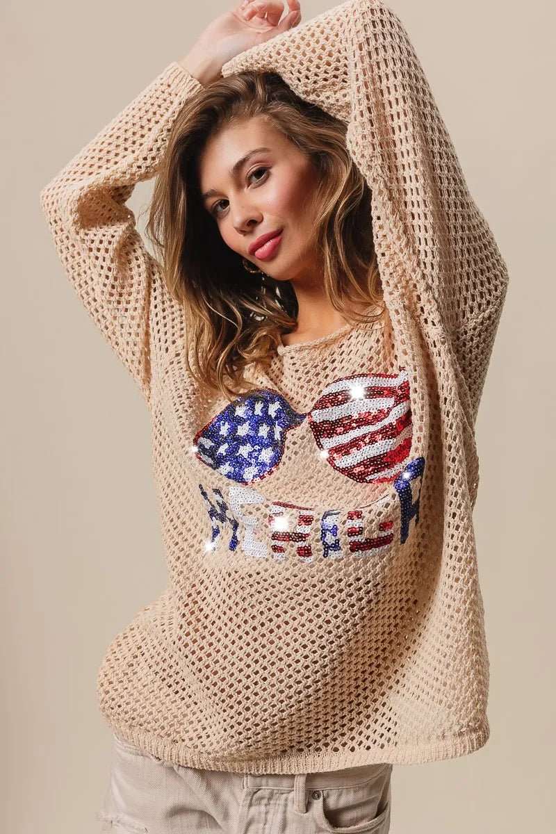 BiBi Sequin American Flag Sunglasses Knit - Roaming Gypsy Boutique