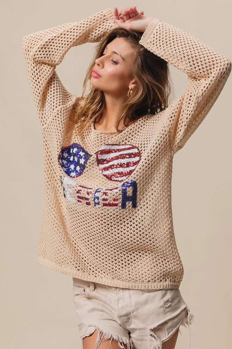 BiBi Sequin American Flag Sunglasses Knit - Roaming Gypsy Boutique