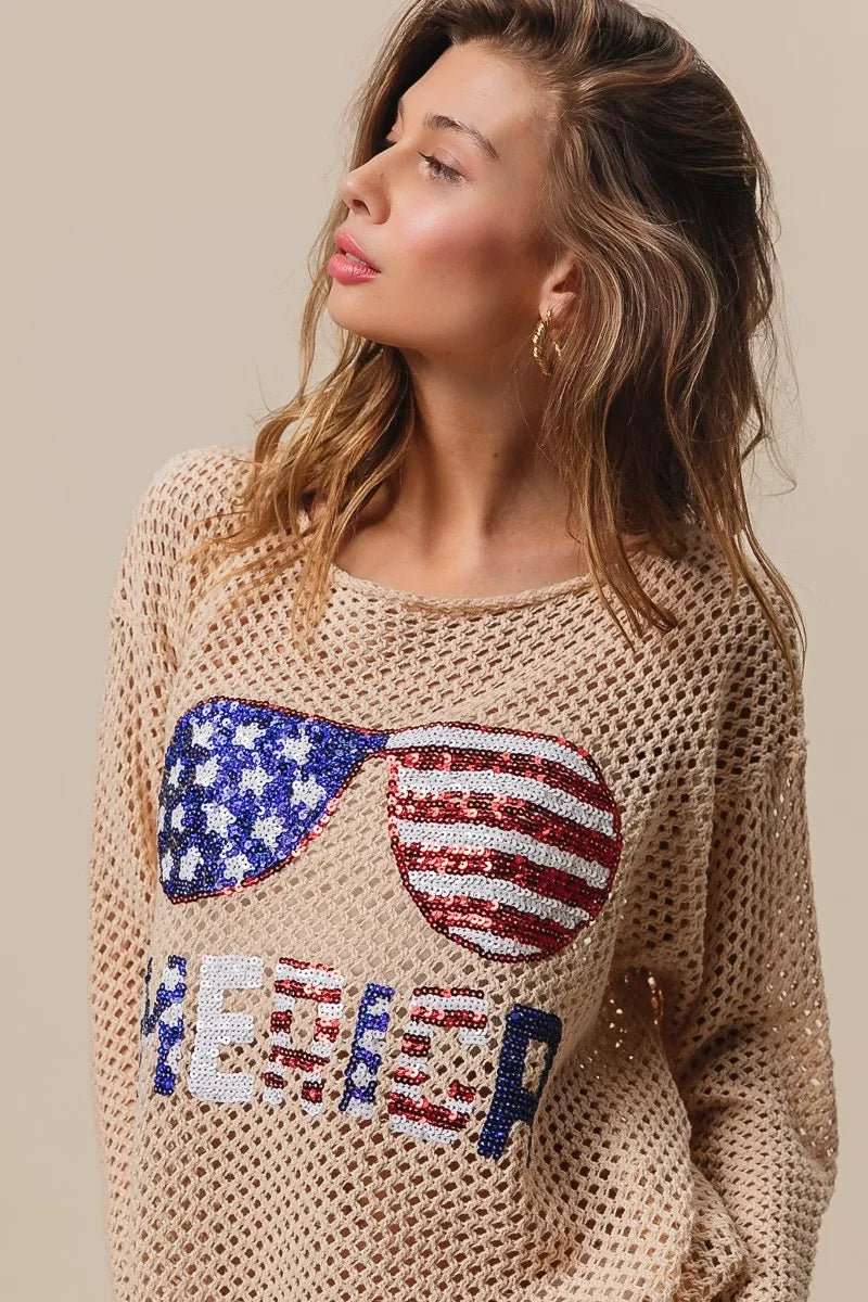 BiBi Sequin American Flag Sunglasses Knit - Roaming Gypsy Boutique