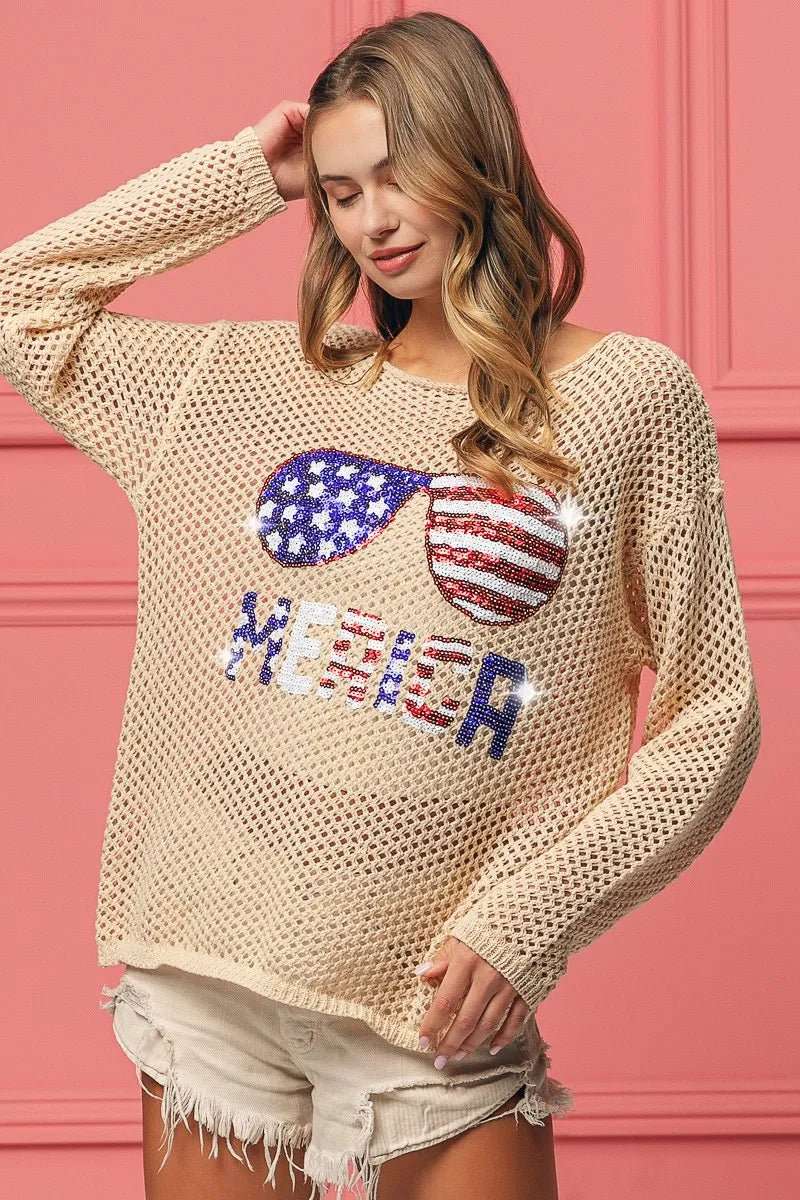 BiBi Sequin American Flag Sunglasses Knit - Roaming Gypsy Boutique
