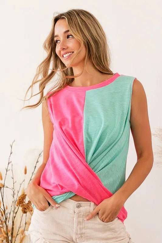BiBi Slub Terry Color Block Twisted Top - Roaming Gypsy Boutique