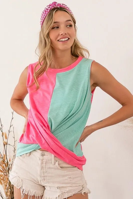 BiBi Slub Terry Color Block Twisted Top - Roaming Gypsy Boutique