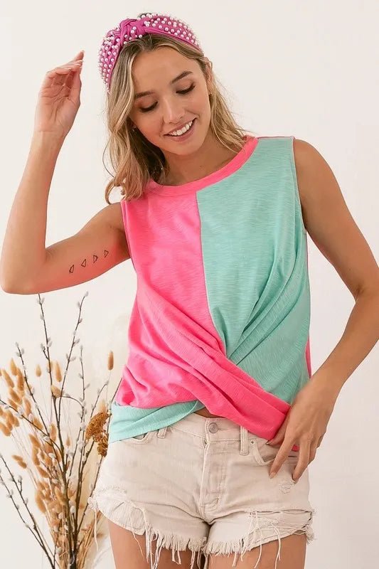BiBi Slub Terry Color Block Twisted Top - Roaming Gypsy Boutique