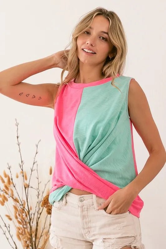 BiBi Slub Terry Color Block Twisted Top - Roaming Gypsy Boutique