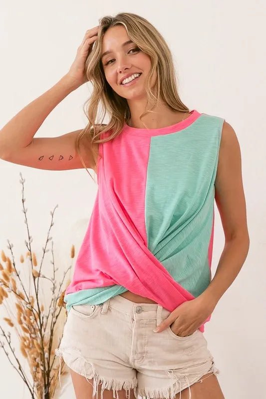 BiBi Slub Terry Color Block Twisted Top - Roaming Gypsy Boutique