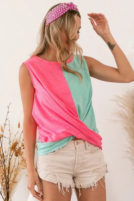 BiBi Slub Terry Color Block Twisted Top - Roaming Gypsy Boutique