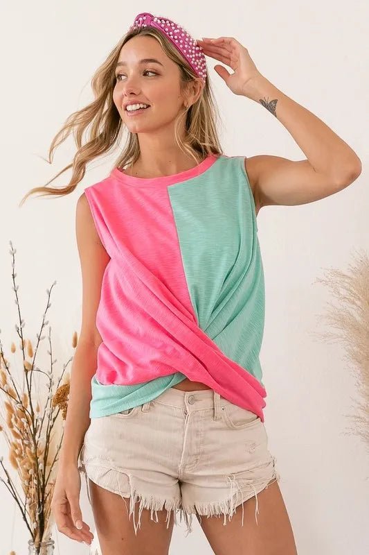BiBi Slub Terry Color Block Twisted Top - Roaming Gypsy Boutique