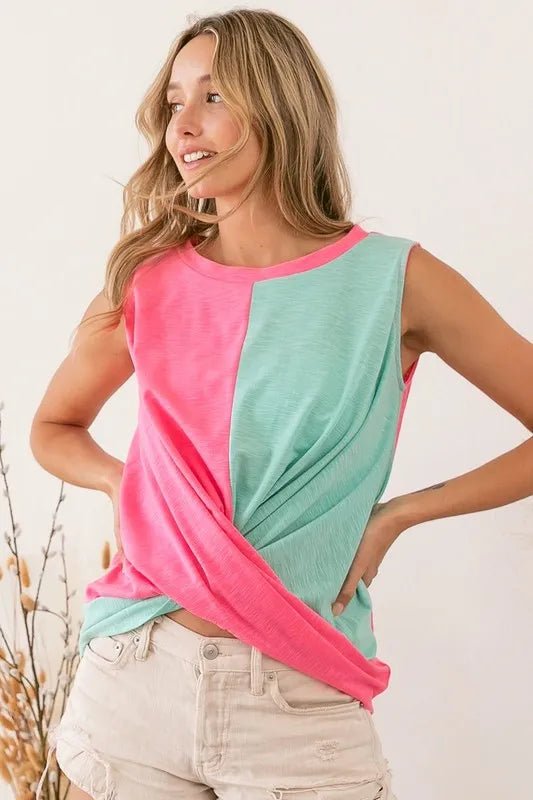 BiBi Slub Terry Color Block Twisted Top - Roaming Gypsy Boutique