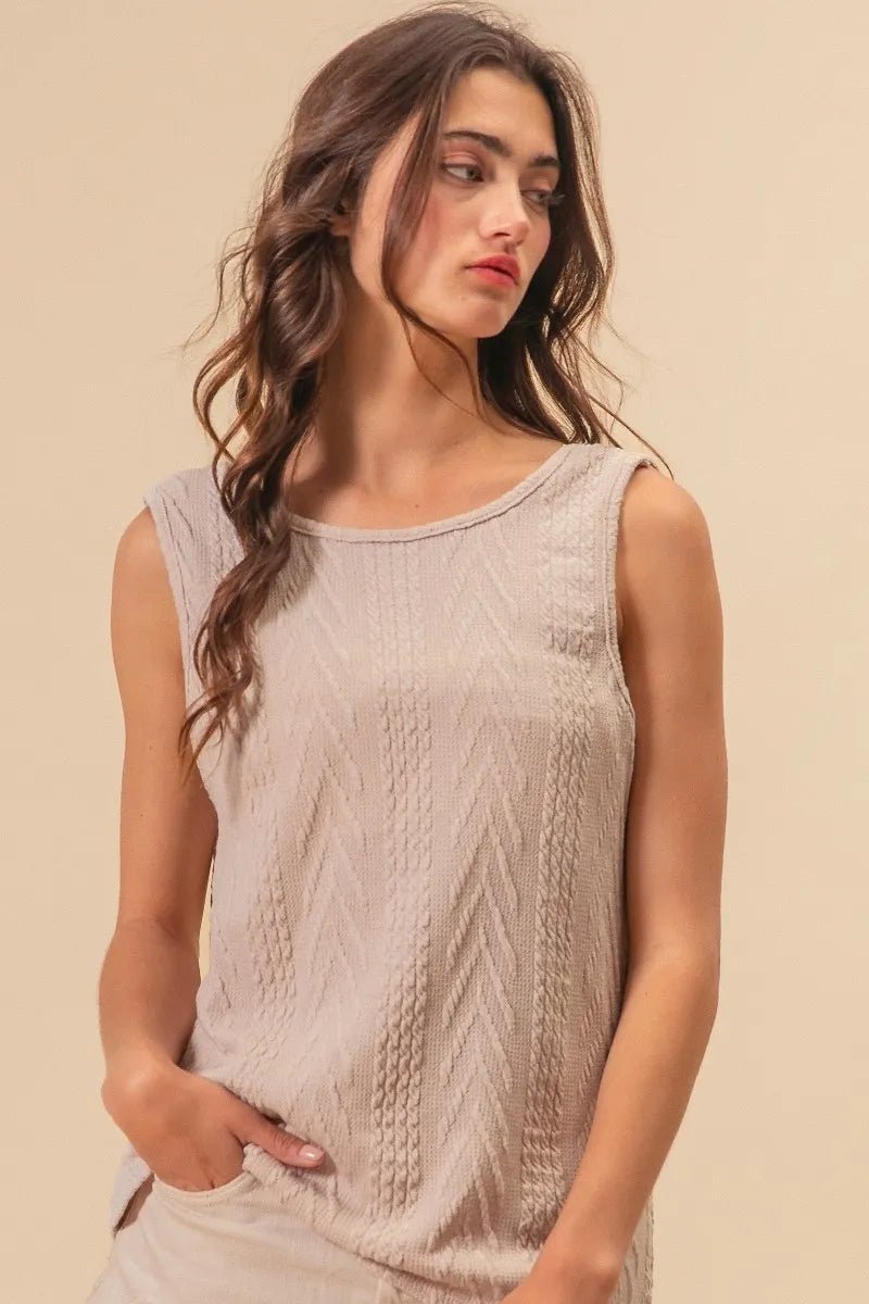 BiBi Textured Sweather Knit Twist Back Sleeveless Top - Roaming Gypsy Boutique
